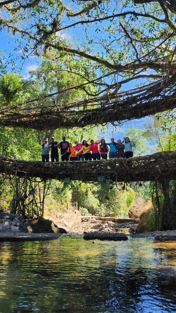 Group of travellers posing on a living root bridge in Meghalaya